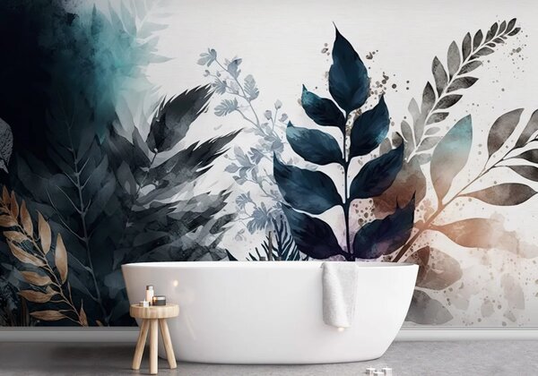 Wallpaper with plants behind a tub