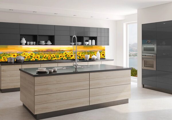 Kitchen with floral wallpaper