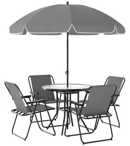 Outsunny 4 Seater Garden Furniture Set, 6 Pieces Garden Table and Chairs with Parasol, Folding Chairs and Round Glass Top Table for Patio, Grey