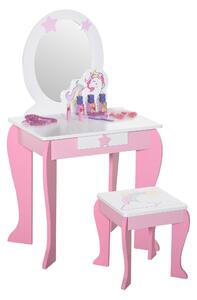 HOMCOM Children's Dressing Table with Stool, Mirror, and Unicorn Theme, Acrylic Mirror, Pretend Play Set for Ages 3-6, Pink and White