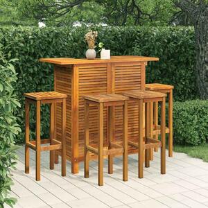 Evaril Garden Acacia Wood Bar Table with 4 Square Stools in Brown