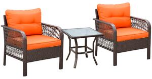 Outsunny 3 Piece Rattan Bistro Set, Outdoor Wicker Conversation Set with Coffee Table and Padded Chairs, Orange