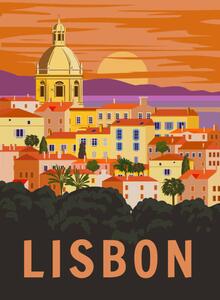 Art Print Lisbon VintageTravel Poster. Portugal cityscape landmark,, VectorUp