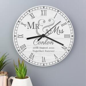 Personalised Mr and Mrs Wooden Clock White