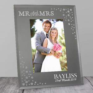 Personalised Mr and Mrs Diamante Glass Photo Frame Grey