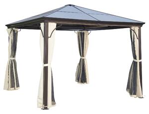 Outsunny 3 x 3(m) Hardtop Gazebo Canopy with Polycarbonate Roof and Aluminium Frame, Garden Pavilion with Mosquito Netting and Curtains, Brown