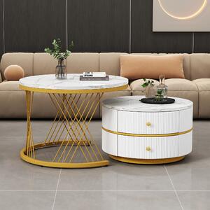 2 Piece Versatile High Gloss Round Nesting Coffee Table Set with Marble Top, Living Room Centre Tables with Storage Drawers, Gold+White Aosom.UK