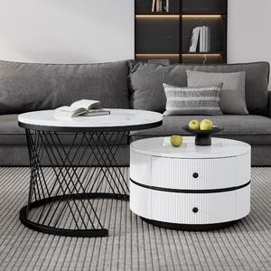 2 Piece Versatile High Gloss Round Nesting Coffee Table Set with Marble-Effect Top, Living Room Tables with Storage Drawers, White+Black Aosom.UK