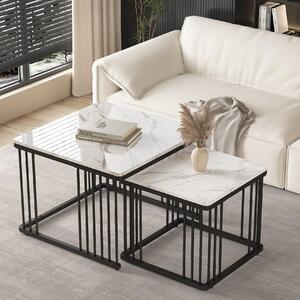 2 Piece High Gloss Nesting Coffee Table Set with Marble Pattern, Square Side Tables with Metal Frame, 60L x 60W x 45H cm, White+Black Aosom.UK