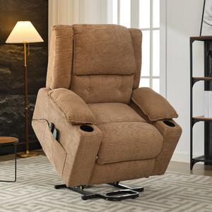 Remote Control Upholstered Oversized Power Lift Recliner Chair Sofa with Heat, Massage, and Cup Holders, 95L x 73W x 102H cm, Light Brown Aosom.UK