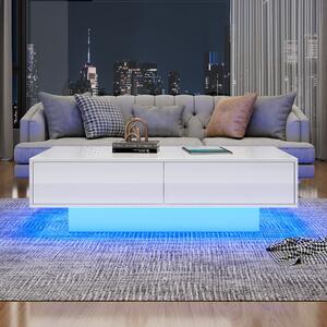 High Gloss LED Switchable Coffee Table with 2 Drawers and Bluetooth Control, Tea Table with Particle Board, 115L x 55W x 34H cm, White Aosom.UK