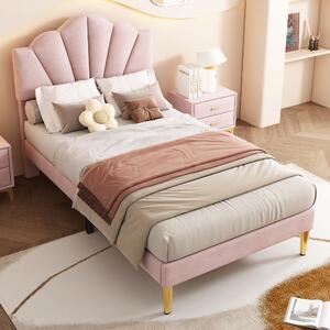 Single Velvet Upholstered Bed with Shell-Like Headboard and Golden Iron Legs, Adjustable Height, Wooden Slatted Frame, 95x195x130 cm, Pink Aosom.UK