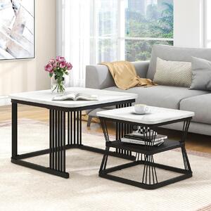 2 Piece Multi-functional Coffee Tables with Metal Frame, Marble Pattern Top, Square End Tables for Living Room, 65L x 65W x 45H cm, White Aosom.UK