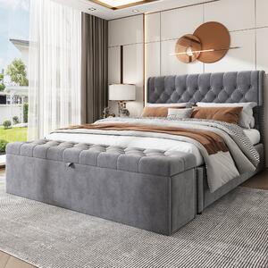 Double Velvet Fabric Upholstered Bed with Hydraulic Storage Bench, Rivet Decoration, Stylish Soft Bed with Ottoman, 136x197x102.5 cm, Grey Aosom.UK