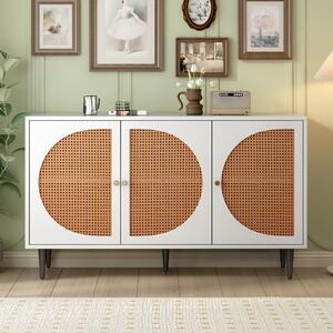 Versatile Rattan Storage Sideboard with 3 Doors and Metal Handles, Storage Cabinet for Living Room and Office, 130L x 40W x 76H cm, White Aosom.UK