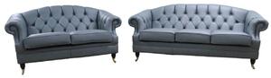 Chesterfield Handmade 3+2 Seater Sofa Suite Piping Grey Leather In Victoria Style