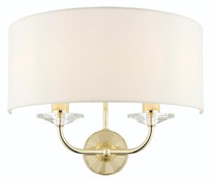 Endon 70562 Nixon 2 Light Wall Light In Brass WIth Crystal Glass And Vintage White Faux Silk Shade