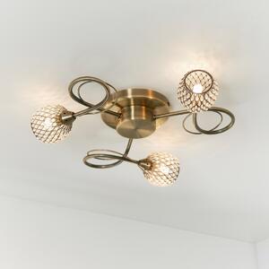 Endon 73758 Aherne Three Light Semi Flush Ceiling Light In Antique Brass Plate And Clear Bead Shades