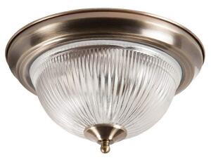 2 Light Antique Brass IP44 Bathroom Flush Ceiling Light with Clear ribbed Glass Shade