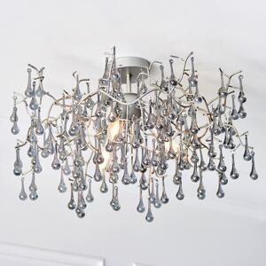 Osier 3 Light Semi Flush Ceiling Light In Aged Silver With Smokey Glass Teardrops