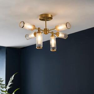 Pillar 6 Light Semi Flush Ceiling Light In Satin Brass With Clear Ribbed And Frosted Glass