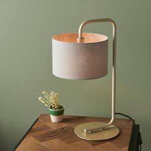 Modern 1 Light Table Lamp In Satin Champagne With Slate Grey Fabric Shade