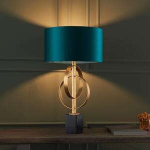 Sculptural Table Lamp In Antique Gold With Teal Satin Shade And Marble Base