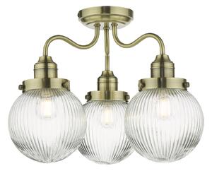 Dar Lighting Tamara 3 Light Bathroom Semi Flush Ceiling Light In Antique Brass With Ribbed Glass IP44 TAM5375-IP44