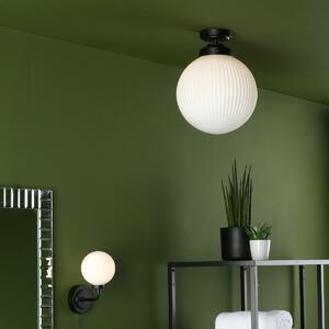 Dar Lighting Alrik Bathroom Flush Ceiling Light In Black With Ribbed Opal Glass Shade IP44