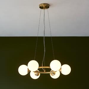 Teardrop 6 Light Ring Ceiling Pendant In Satin Brass Finish With Gloss White Glass Shades
