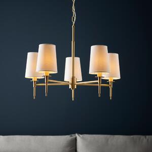 Classic 5 Light Ceiling Pendant Light In Satin Brass With Vintage White Fabric