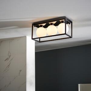 Globule Bathroom 3 Light Flush Ceiling Light In Matt Black With Opal Glass Shades IP44