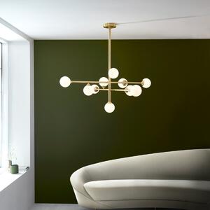Teardrop 10 Light Ceiling Pendant Light In Satin Brass With Gloss White Glass