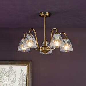 Dar Lighting Glynis 5 Light Semi Flush Ceiling Light In Brushed Bronze With Ribbed Glass