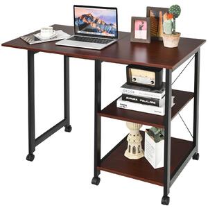 Costway Drop-leaf Computer Desk with 2 Shelves and Wheels