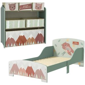 ZONEKIZ Toddler Bed Frame, Kids Storage Shelf Unit with 6 Fabric Bins for Ages 3-6 Years, Green Aosom UK