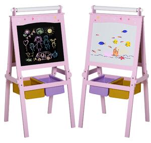 HOMCOM 3 In 1 Kids Wooden Art Easel w/ Paper Roll Double-Sided Chalkboard & Whiteboard w/ Storage Baskets Gift for Kidsl Age 3 Years+ Pink Aosom UK