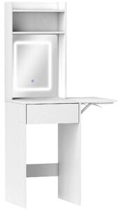 HOMCOM Small Vanity Desk with Mirror and LED Lights, Compact Dressing Table with Drop Leaf, Open Shelves and Drawer, White