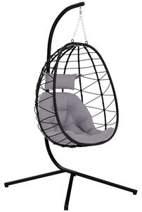 Outsunny Hanging Egg Chair Outdoor Indoor Garden Swing Chair with Folding Basket, Thickened Cushion, Stand, Headrest for Patio, Balcony, Grey