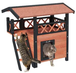 PawHut Cat House Outdoor w/ Balcony Stairs Roof, 77 x 50 x 73 cm, Brown Aosom UK