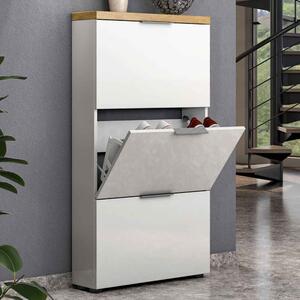 Inverness High Gloss Shoe Cabinet With 3 Flaps And Oak Top In White
