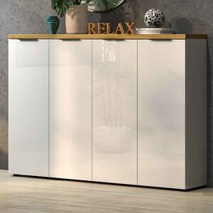 Inverness High Gloss Shoe Cabinet With 4 Doors And Oak Top In White