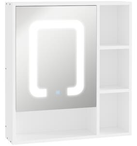 Kleankin LED Illuminated Bathroom Mirror Cabinet, Wall-mounted Storage Organizer with Four Open Shelves, Dimmable Touch Switch, White