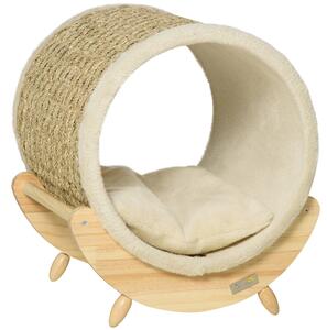 PawHut Elevated Cat House, Kitten Bed, Pet Shelter, Wrapped with Scratcher, Soft Cushion, 41 x 38 x 43 cm, Khaki