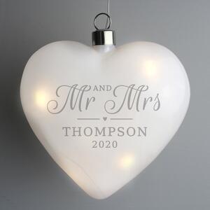 Personalised Mr and Mrs LED Hanging Glass Heart White