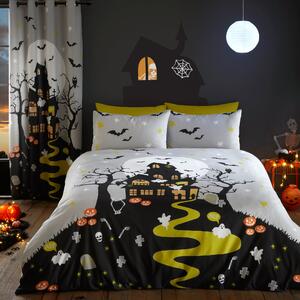 Halloween Haunted House Duvet Cover Bedding Set Grey