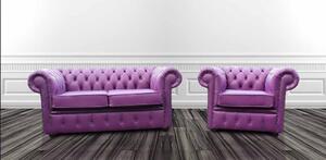 Chesterfield 2 Seater + Club Chair Sofa Suite Shelly Wineberry Purple Leather In Classic Style