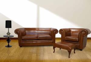 Chesterfield 1930 2 Seater + Club Chair + Footstool Sofa Suite Old English Bruciatto Leather