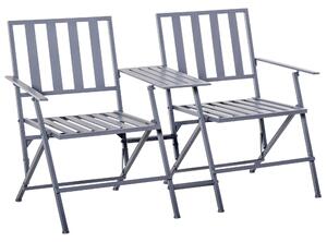 Outsunny Folding Steel Double Seat Garden Loveseat Bench Patio Chair w/ Table Companion Slatted Garden Patio Outdoor Balcony Furniture Grey