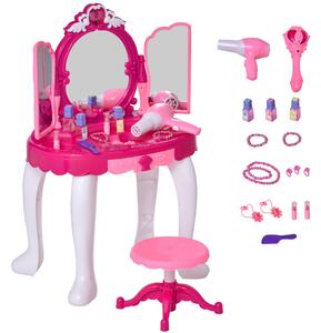 HOMCOM Kids Pretend Play Plastic Vanity Table Set w/ Sound Effect Pink